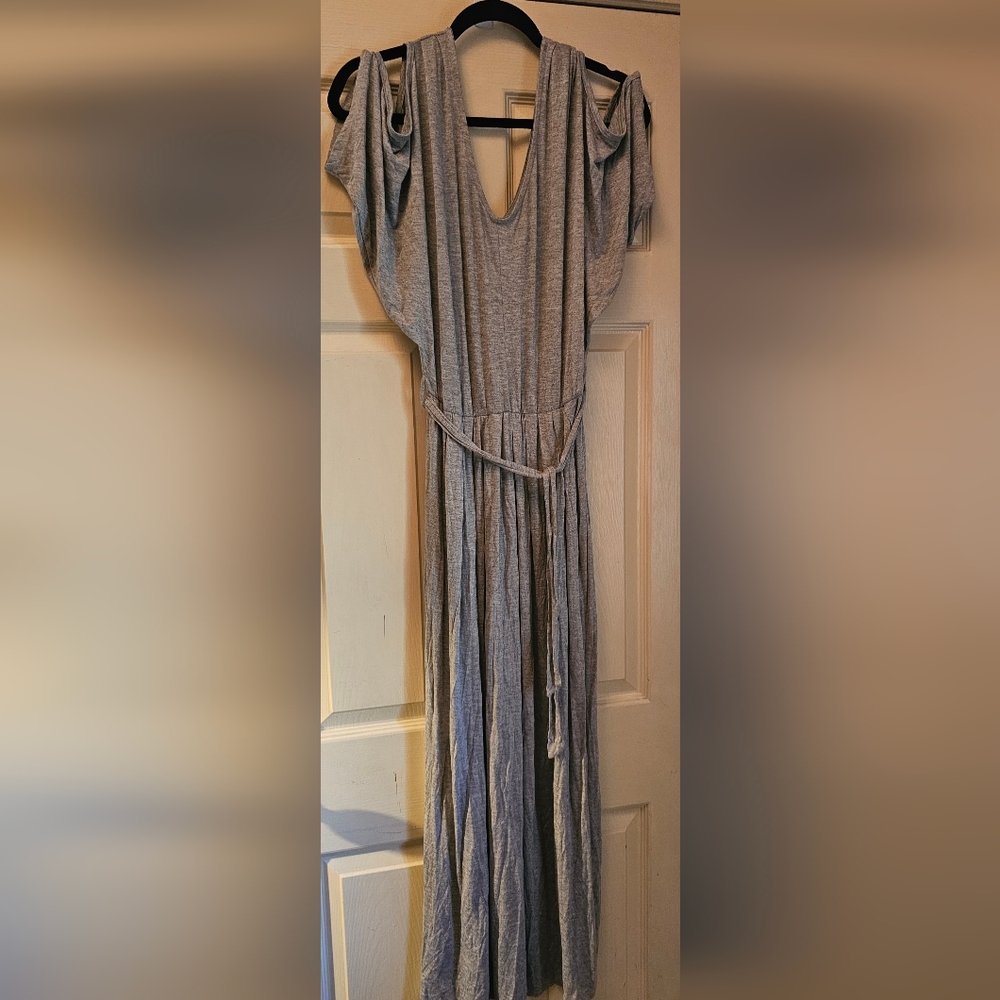 Cold-Shoulder Gray Maxi Dress with Waist Tie